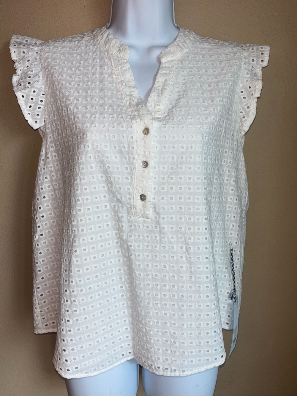 Draper James White Eyelet Ruffle-Sleeve Henley Top New